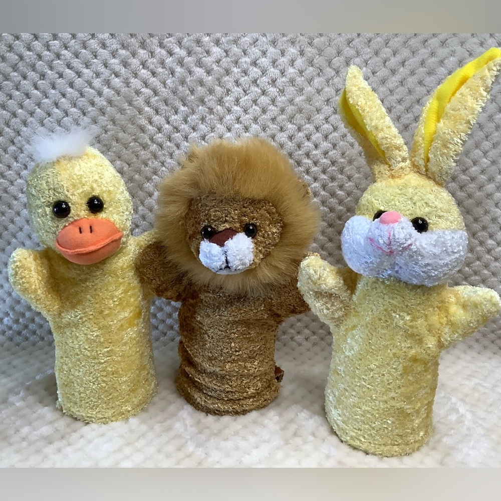 Set of Three Plush Hand Puppets Chick Bunny Lion Stuffed Animal Toy